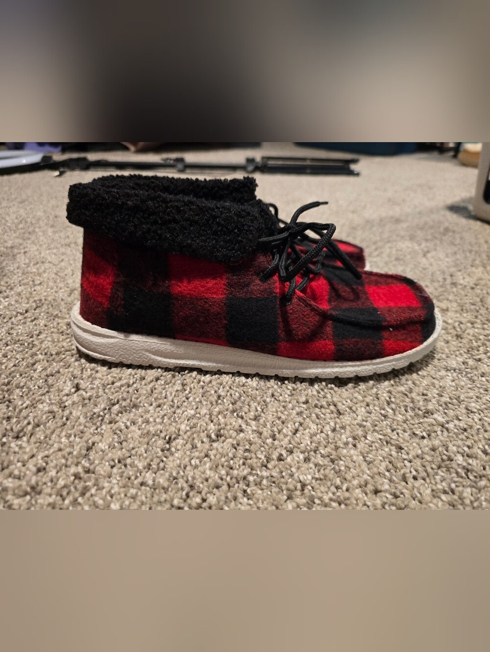 Gypsy Jazz Red and Black Plaid Faux-Shearling Ankle Booties